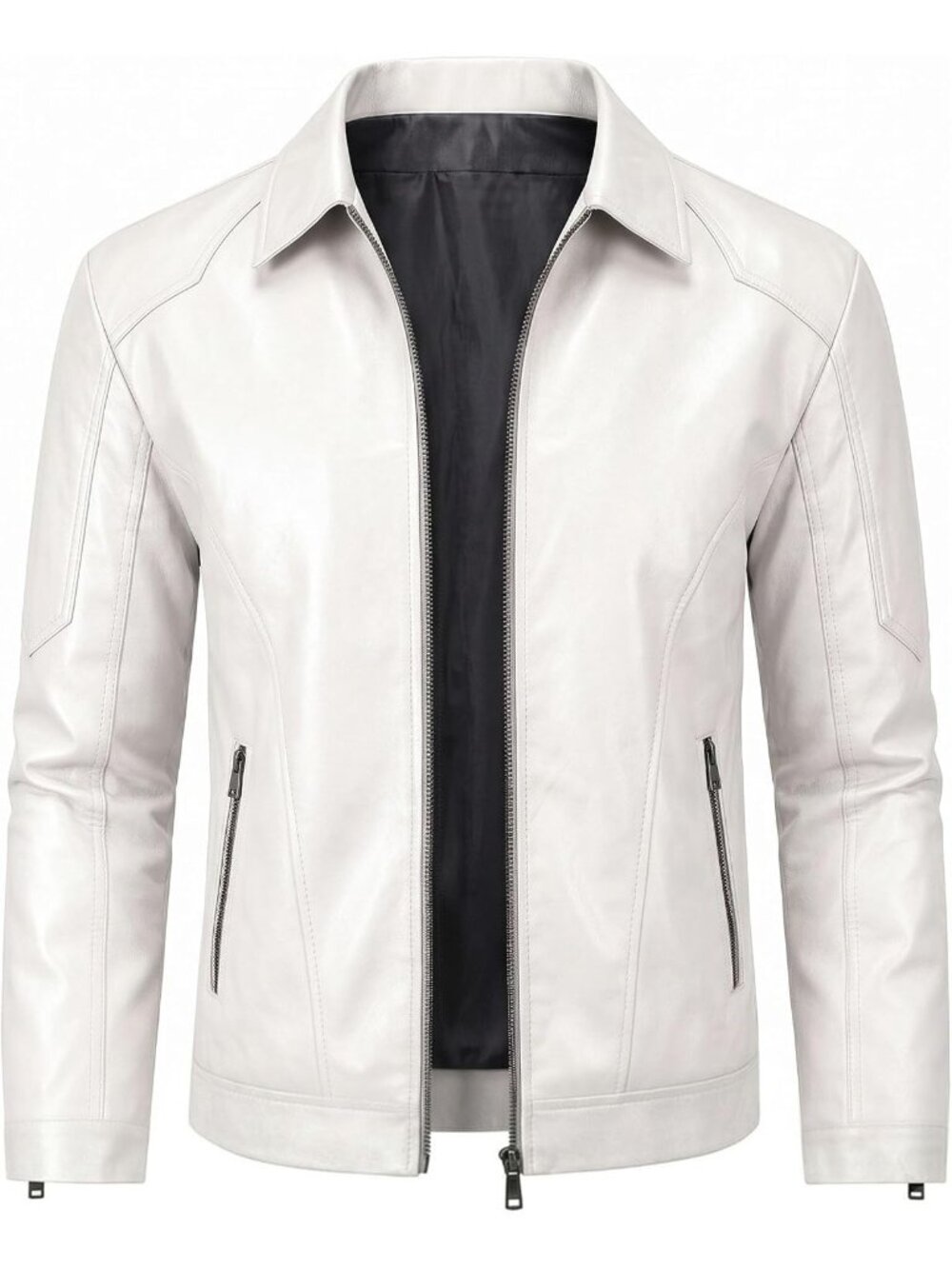 Men’s White Faux Leather Motorcycle Biker Jacket Turn Down Collar Zip Front Coat